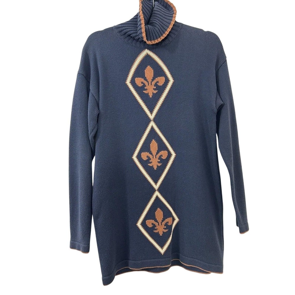 Marisa Christina Vintage Navy Fleur-de-Lis Turtleneck Tunic Sweater Womens L